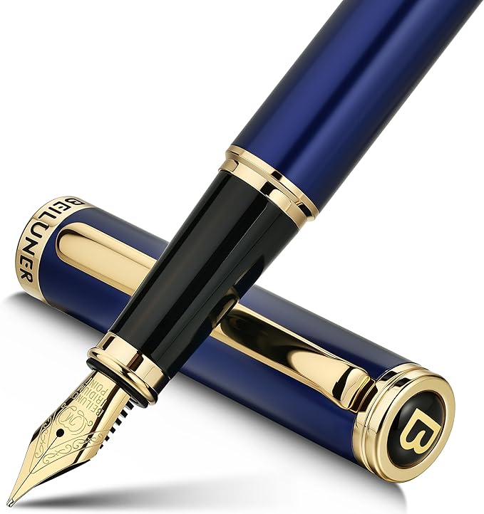 BEILUNER Blue Fountain Pen,Stunning Luxury Pens with 24K Gold Finish, Gorgeous 24K Gilded Nib(Medium), Fancy Pen Gift for Men&Women -Ink Converter-Elegant, Reliable,Nice Pen for Writing