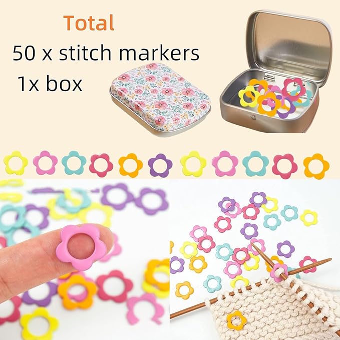 Round Shape Knitting Stitch Markers,50Pcs Multicolor Metal Stitch Markers with Floral Design Small Tin Box