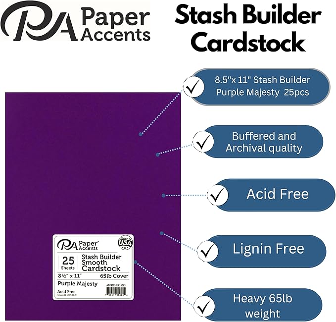 PA Paper Accents Stash Builder Cardstock 8.5" x 11" Purple Majesty, 65lb colored cardstock paper for card making, scrapbooking, printing, quilling and crafts, 25 piece pack