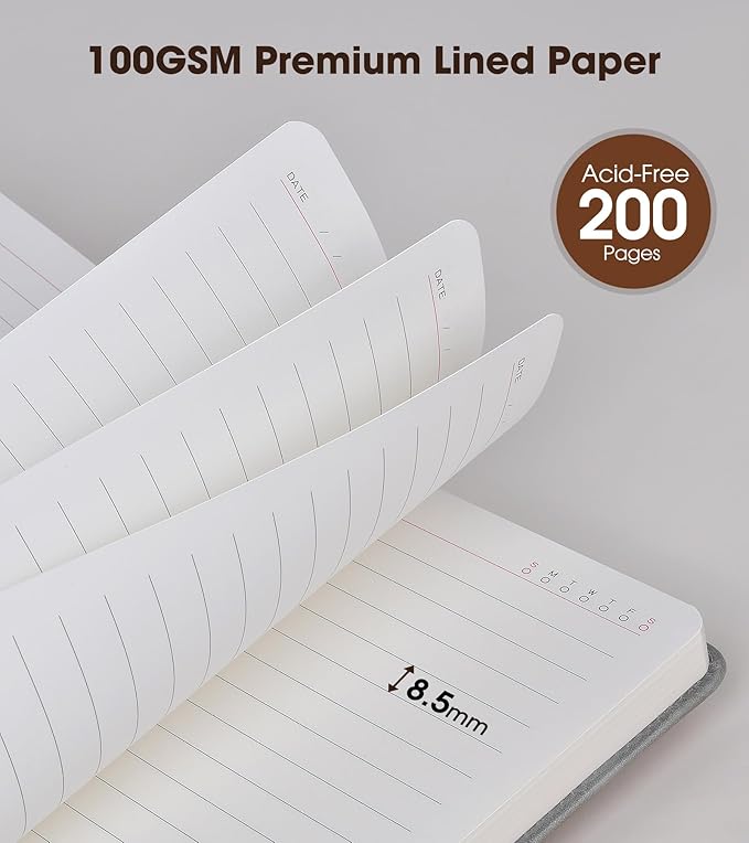 Grey A5 Lined Leather Journal Notebook for Men Women,5.9" X 8.4" Personalized Hardcover Journal with Pen,200 Pages 100 Gsm Thick Ruled Paper Daily Diary for Travel,Business,Work,Writing