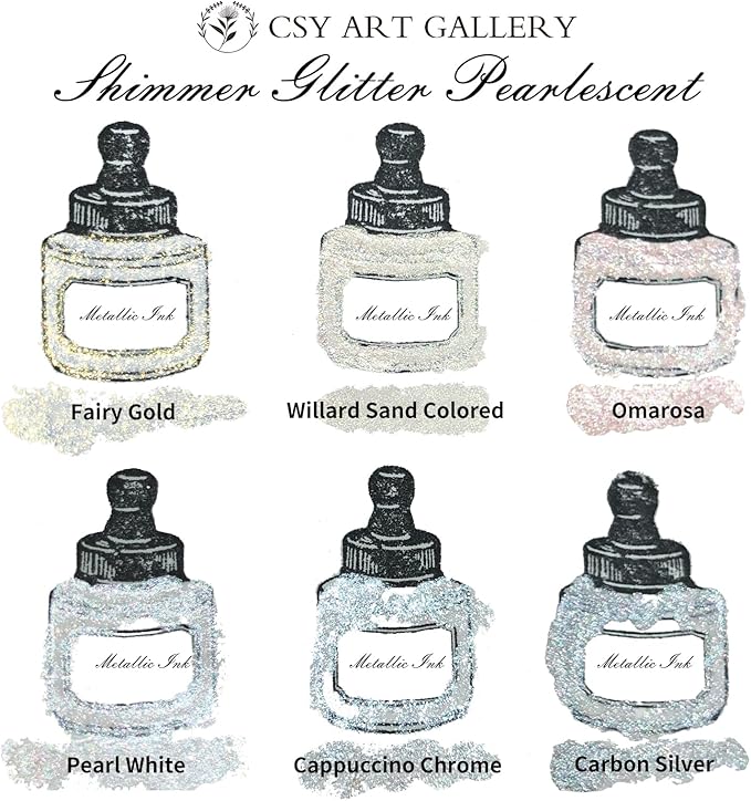 CSY art gallery Metallic -Pearlescent-Glitter Acrylic Ink -Shining Calligraphy Paint -Silver, Rose Gold Rich Pigments Perfect for Artists, Canvas, Rocks, Wood, Fabric, Ceramic (Galaxy Starlight Set)