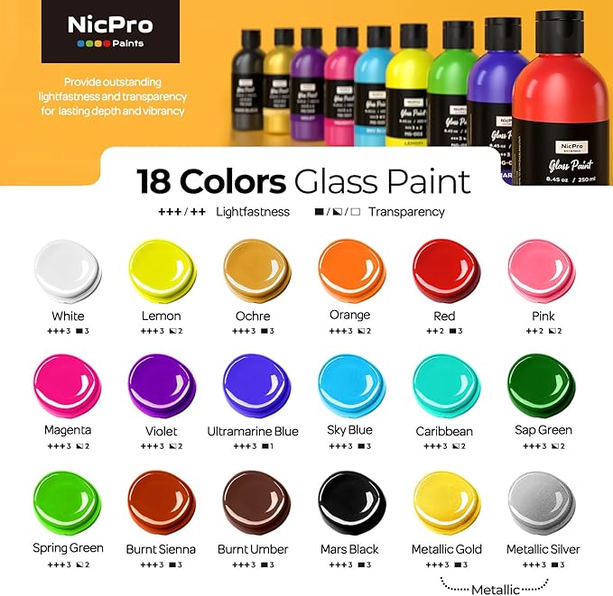 Nicpro 18 Colors Acrylic Glass Paint Set (8.45 oz, 250 ml) Large Bulk Enamel & Ceramic Painting Supplies Kit for Wine Bottle Glass Jars Windows with Sponge & Art Knife, Opaque Gloss Finish