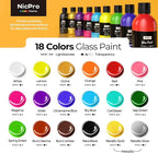 Nicpro 18 Colors Acrylic Glass Paint Set (8.45 oz, 250 ml) Large Bulk Enamel & Ceramic Painting Supplies Kit for Wine Bottle Glass Jars Windows with Sponge & Art Knife, Opaque Gloss Finish