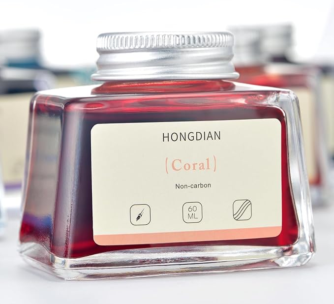 Hongdian Fountain Pen Bottled Ink Coral Color, 60ml Non Carbon Inkwell Bottle, Artist Calligraphy Ink