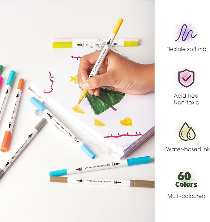 Water-based Ink Brush Markers Pens for Kids Adult, 60 Colors Dual Tip Drawing Markers for Sketching Coloring Note-taking Calligraphy, Office & School Supplies