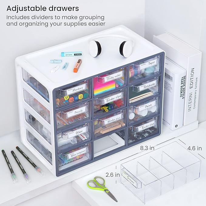 Arteza 12 Drawer Organizer and Storage Cabinet – Clear Plastic, Stackable Drawers for Makeup, Crafts, Sewing, Office Supplies, Small Parts & Tools