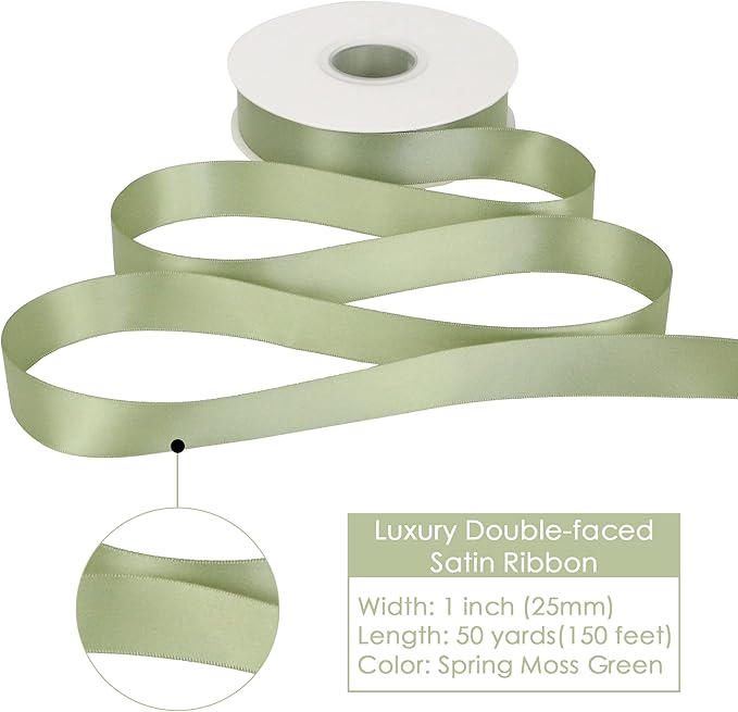 HUIHUANG Satin Ribbon 1 inch Sage Green Ribbon 50 Yards Double Face Silk Satin Ribbons for Crafts Spring Moss Ribbon for Gift Wrapping Bows Floral Bouquet Cake Wedding Invitation Card Party Decor