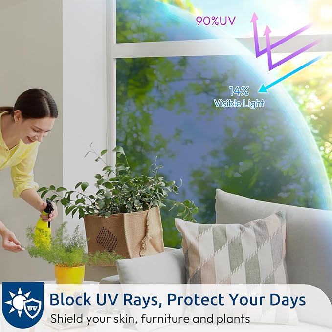 rabbitgoo Window Privacy Film One Way Window Tint for Home, Removable Reflective Heat Sun Blocking Anti UV Glass Door Covering, Mirror Tinting Film House Office, 35.4 in X 16.4 Feet, Blue Silver