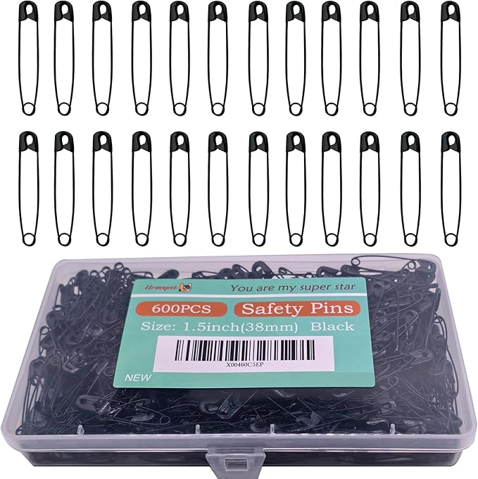 600PCS Safety Pins, 1.5 inch Small Safety Pins, Rust-Resistant Nickel Plated Steel, Sharp Edge Safety Pin for Clothes, Sewing, 38mm Decorative Safety Pins Assorted (Black)