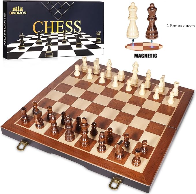 Magnetic Wooden Chess Set 15" Unique Chess Board Game with Chess Pieces Storage Slots, Tournament Portable Folding Travel Chess Sets for Kids Adults Beginner and Pros, 2 Extra Queens