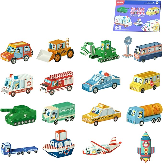 MIREONETRY Origami Paper for Kids Ages 6+,16 Style 3D Car Origami Paper Kit,Easy Origami Kits Art for Beginners Kids Adults,Best Gifts for Boys&Girls (car)