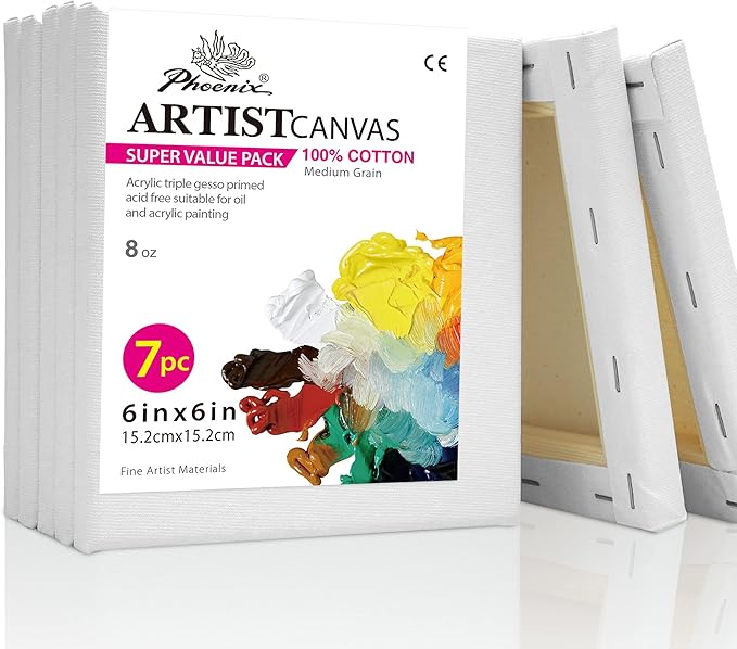 PHOENIX Small Stretched Canvas for Painting 6x6 Inch/7 Value Pack, 8 Oz Triple Primed 5/8 Inch Profile 100% Cotton White Blank Canvas, Square Framed Canvas for Oil Acrylic & Pouring Art