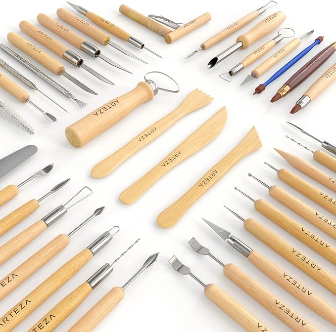 Arteza Pottery & Polymer Clay Tools, 42-Piece Sculpting Set, Steel Tip Tools with Wooden Handles, for Pottery Modeling, Smoothing, Carving & Ceramics