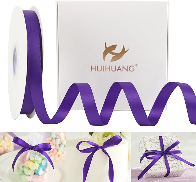 HUIHUANG Purple Satin Ribbon 1/2 inch X 50 Yards Continuous, Double-Faced Satin Ribbon for Gift Wrapping, Bows, DIY Crafts, Flower Bouquet, Wedding Decor, Holiday Party Decor
