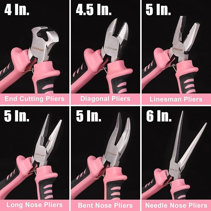 COMOWARE 6-Piece Mini Pliers Set, Needle Nose, Long Nose, Bent Nose, Diagonal, End Cutting and Linesman, for Crafts Work, Electronic Repair, with Pink Pouch
