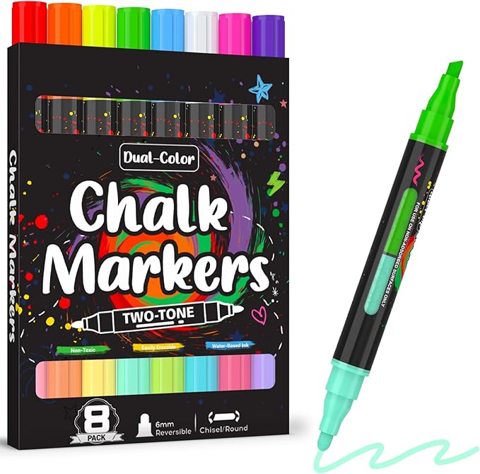 AKARUED Chalk Markers for Blackboard: 16 Colors 8 Pack Dual Tip Liquid Chalk Markers for Chalkboard, Calendar Menu Board Erasable Chalk Pens for Glass, Mirrors, Wedding Sign, Car Windows Decorations