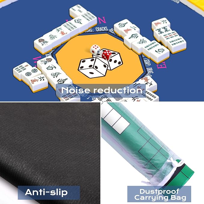 Mahjong Mat for Table 31.5''x31.5'', Non-Slip Mahjong Cloth Cover with Game Rules, Mahjong Tablecloth for Poker, Board Games Table Mat, Card Games, Tile Games, Dominoes (Blue)