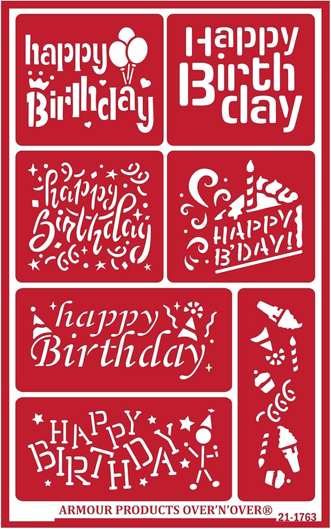 Over'N'Over Reusable Glass Etching Stencils – Durable Self-Stick Designs for Glass, Mirrors, and Ceramics with Armour Etch Cream – 5” x 8” Stencil Sheet - Happy Birthday
