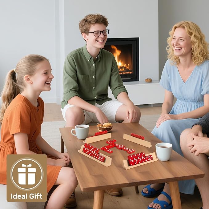Dominoes Set for Adults with 4 Wooden Racks/Trays, Double Six Dominoes Travel Set with Portable Case Double 6 Dominoes Set with 4 Tiles Holders, 28 Tiles Dominos Set for Family Board Games - Red