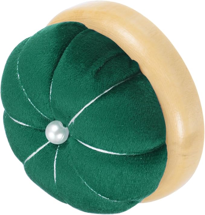 HARFINGTON Wooden Base Pin Cushion Japanese Style Cute Needle Holder Pincushions Round for Sewing Quilting Needlework DIY Crafts, Dark Green