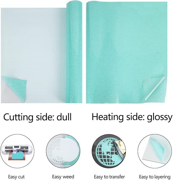guangyintong Glow Glitter Cyan Heat Transfer Vinyl HTV Rolls, 12" x 8ft Iron on Vinyl for T-Shirts, Glitter HTV Vinyl for All Cutter Machines Easy to Cut & Weed for DIY Design