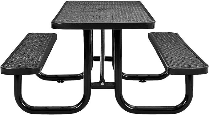 Global Industrial 6’L Rectangular Picnic Table, Expanded Metal, Black Thermoplastic Coating, Attached Benches, 1-1/2” Umbrella Pole Hole, Outdoor-Rated, 1000 lb Capacity, 72” x 30” Tabletop