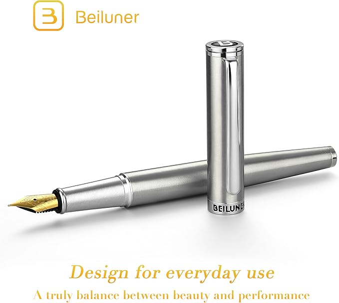 BEILUNER Luxury Fountain Pen Set, Solid 24K Gilded Fine Nib, Silver Stainless Steel Body- Includes 6 Ink Cartridges & Ink Refill Converter with Gift Case - Perfect for Men and Women