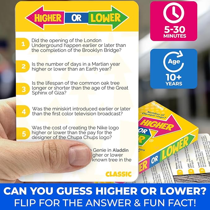 QUOKKA Trivia Board Games for Kids and Adults - Version V2.0 - Family Night Board Game 4xSet Higher or Lower Trivia Cards | Guess Fun Questions | 2 + Players - Challenge Your General Knowledge