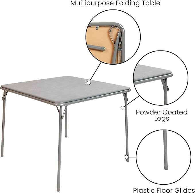 EMMA + OLIVER 33.5" Square Multipurpose Folding Card Table for 4 Players, Portable Square Folding Table with Padded Vinyl Top, Gray
