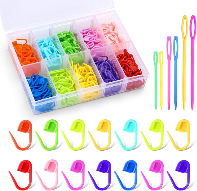 LUNARM 200 Pcs Stitch Markers for Crocheting, 10 Color Crochet Stitch Markers Knitting Locking Clip Pins with 6 Yarn Needles for DIY Craft Sewing