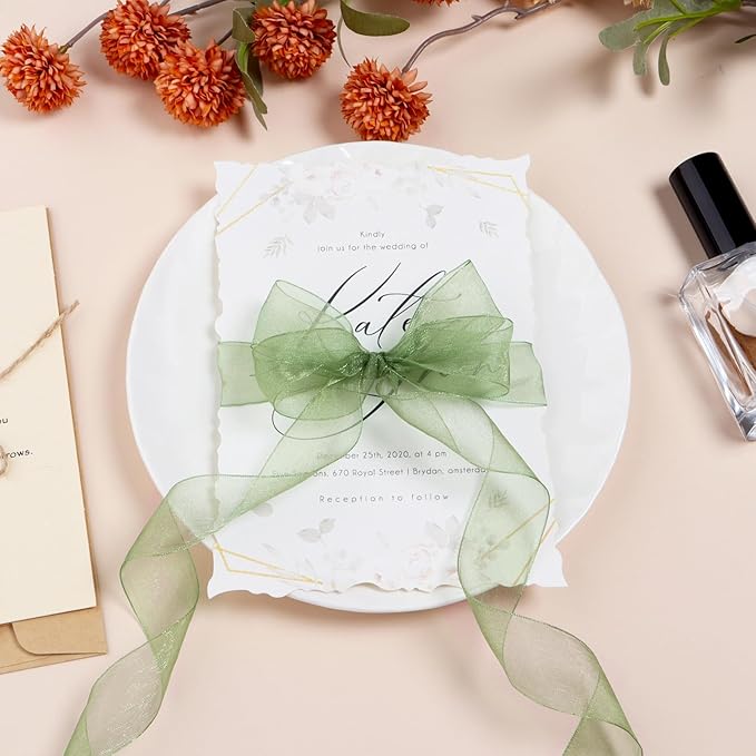 Ribbon for Gift Wrapping 3/4 inch Sage Green Sheer Organza Ribbon for Flower Bouquet Tulle Thin Chiffon Ribbons for Wedding Invitations Christmas Halloween Presents Decorations Crafts 50 Yards