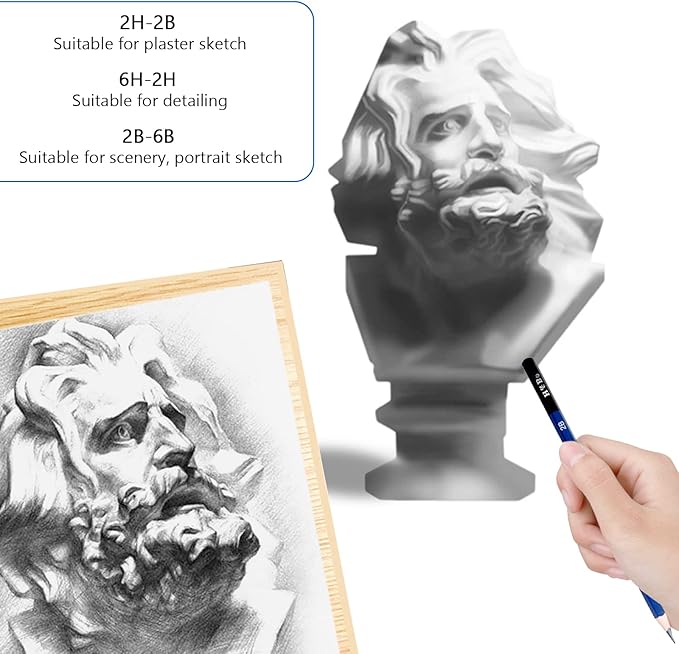 H & B 12 PCS Pencil Drawing Kit, H-4H, F, HB, B-6B Graphite and Charcoal Sketch Pencil Set for Beginners, Professional Artists