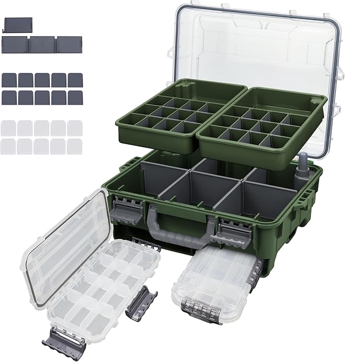 RUNCL Universal Fishing Tackle Box with Two Small Tackle Tray, Removal Inside Design Waterproof Trunk Storage Box, Thicker Floating Airtight Stowaway, Xmas Surprise Fishing Gifts for Men Women
