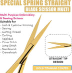 Cross Edge Spring Scissors 5 Inch straight Stainless Steel Precision Eyebrow & Eyelash Shaping & Trimming Scissor, Snips Squeeze, Embroidery, Knitting Micro Tip Craft Scissors (Gold)