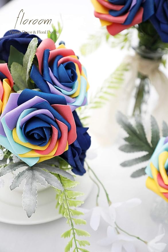 Floroom Artificial Flowers 25pcs Real Looking Whimsical Blue Foam Fake Roses with Stems for DIY Wedding Bouquets Baby Shower Centerpieces Floral Arrangements Party Tables Home Decorations