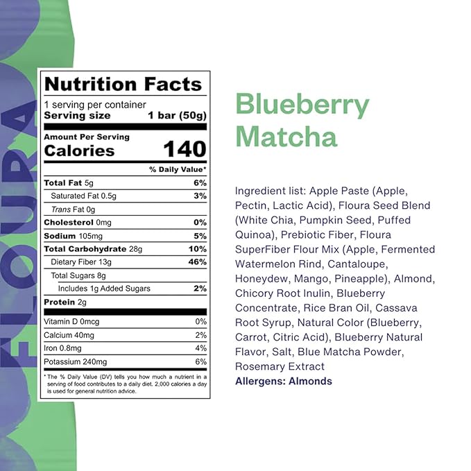 Floura Blueberry Matcha Fruit-Forward Fiber Bars– High Fiber, Vegan, Gluten & Dairy Free, Low Calorie Healthy Snack Bars with Upcycled Produce for Gut Health [10 Pack]