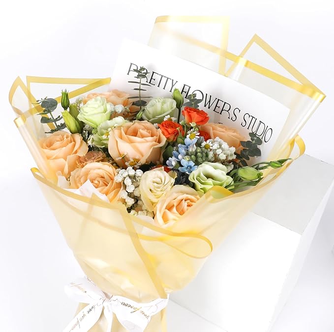 FUHITIM 20 Sheets Flower Wrapping Paper - Waterproof Floral Bouquet Packaging Paper for DIY Crafts，Florist Supplies Packaging Paper for Wedding Birthday Gift (Translucent Gold)