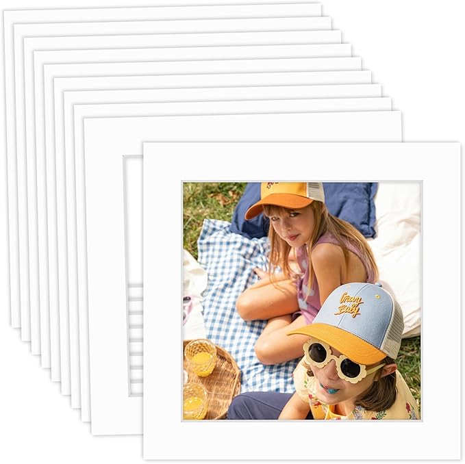 MBC Mat Board Center, 10 Pack 10x10 for 8x8 White Picture Mats Frame Mattes, Bevel Cut, Acid Free, 4-ply Thickness