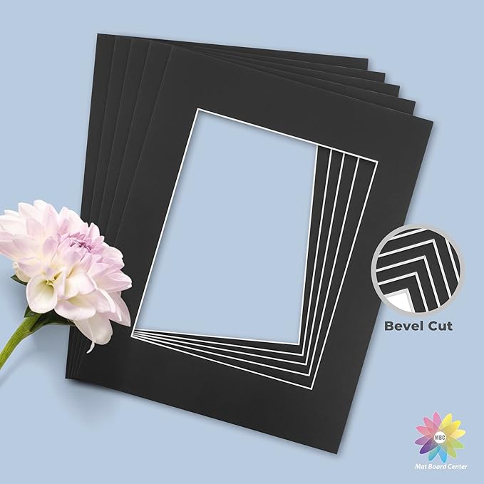 Mat Board Center, Pack of 10, 11x14 for 8x10 Black Color Mats - Bevel Cut, Acid Free, 4-ply Thickness, White Core - for Pictures, Photos, Framing