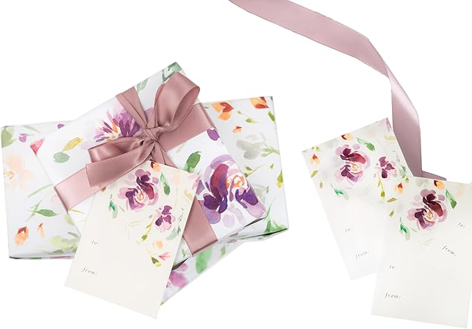 Itsy Belle Studio Floral Wedding Wrapping Paper + Ribbon Set with Tags - White gift wrap, fall Flower flat Sheets, Boho Bridal Shower Wrap