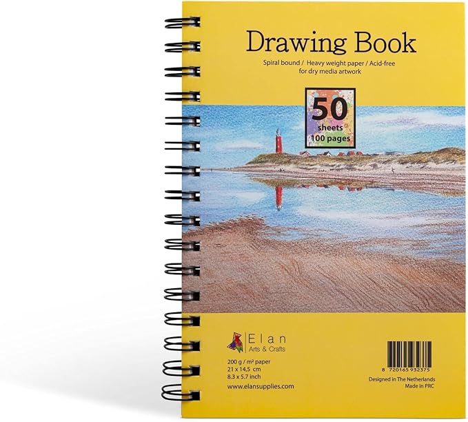 Elan A5 Drawing Book, 50 Sheets Italian Paper 90 lb/200 GSM, Acid-Free Sketch Book 8.3x5.8 Inch, White Drawing Paper Pad, A5 Sketchbook Spiral Bound