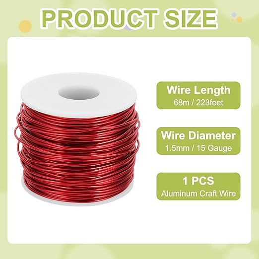 MECCANIXITY 15 Gauge Anodized Aluminum Craft Wire Bendable Bonsai Training Wire 223 Feet 1.5mm for Sculpting Crafts Wreath Floral Beading Jewelry Making, Red