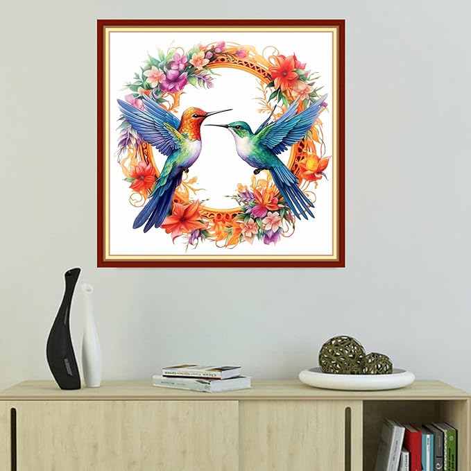 Foxhool Beginners Cross Stitch Kits Stamped Full Range of Embroidery Kits for Adults DIY Cross Stitches kit Embroidery Patterns for Needlepoint kit-Hummingbird Wreath 18x18 inch