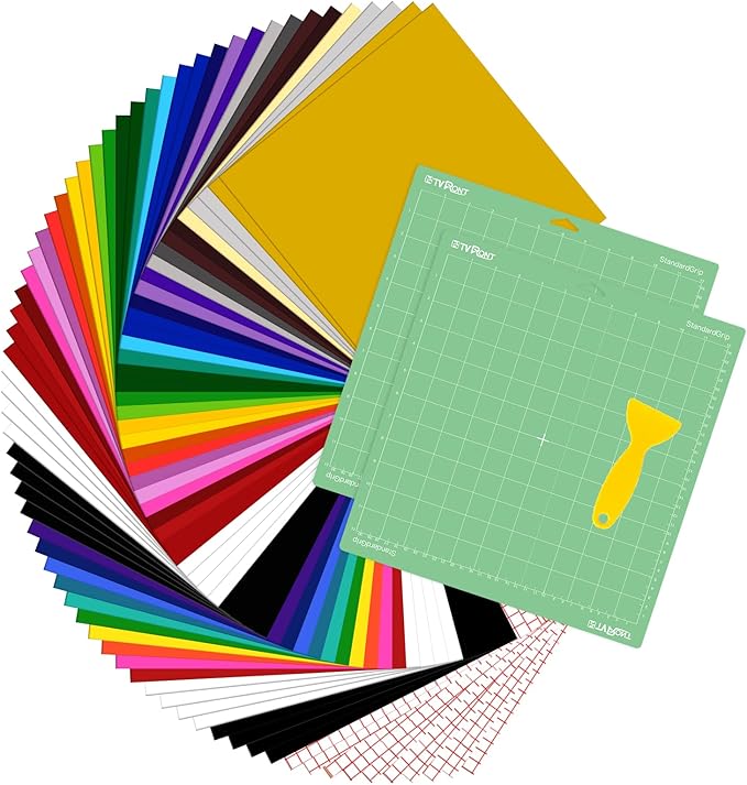 HTVRONT 70 Pack Vinyl for Cutting Machine, 57 Sheets 12" X 12" Permanent Adhesive Vinyl Sheets & 2 Cutting Mat & 10 Transfer Paper Permanent Bundle