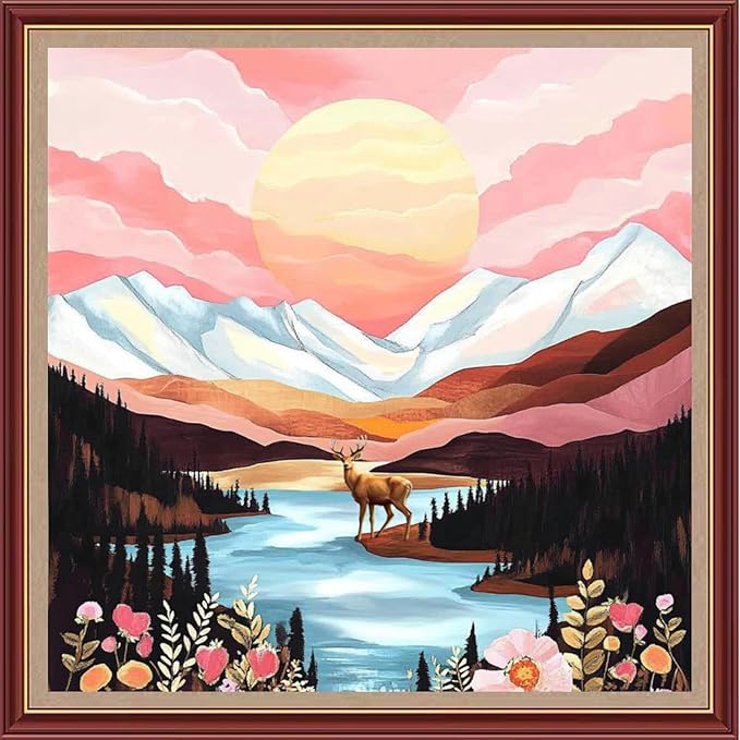 DMCXART Counted Cross Stitch Kits for Adults Needlepoint Kits Unprinted Cross Stitching Embroidery Kit 11CT Cross Stitch Supplies-Mountains, Rivers, Sunrise, Elk 18x18 inch