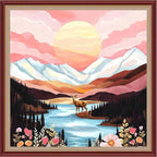 DMCXART Counted Cross Stitch Kits for Adults Needlepoint Kits Unprinted Cross Stitching Embroidery Kit 11CT Cross Stitch Supplies-Mountains, Rivers, Sunrise, Elk 18x18 inch