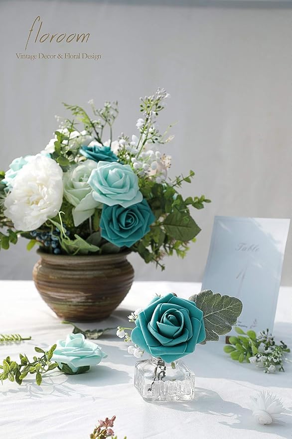 Floroom Artificial Flowers 50pcs Real Looking Teal Green Foam Fake Roses with Stems for DIY Wedding Bouquets Bridal Shower Centerpieces Floral Arrangements Party Tables Home Decorations