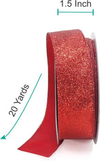 CT CRAFT LLC Glitter Wired Ribbon 1.5" x 20 Yards Red for Christmas Home Decor Bow Gift Wrapping DIY Crafts Wreath