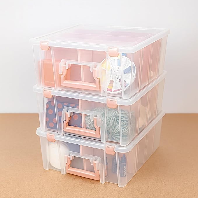ArtBin 6990RK-AMZ Super Satchel Double Deep Compartment Box - Art Storage with 8 Removable Compartments, Smart Closure for Craft Supplies (Rose Gold - Pack of 3)