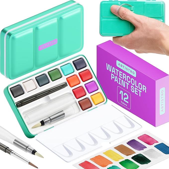 ARTISTRO Watercolor Paint Set in 12 Colors - Travel Watercolor Set with Metal Case & Bright Watercolors - Portable Set for Beginners & Amateur Artists